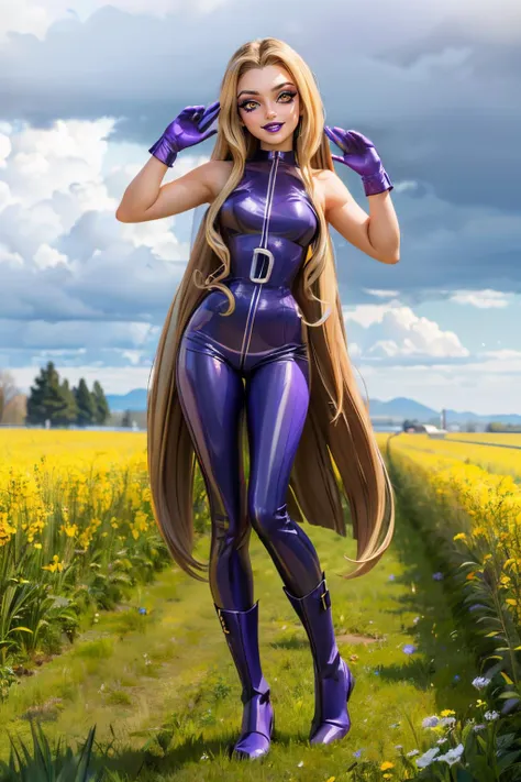 Darcy, yellow eyes, very long brown hair, blonde strips, makeup, purple lips, purple bodysuit, sleeveless, gloves, boots, looking at viewer, smiling, standing, full body shot, outside, field, overcast, high quality, masterpiece, <lora:WinxClubDarcy:.8>