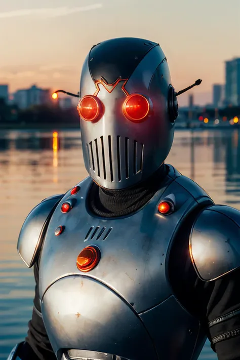 isabel, helmet, red glowing eyes,chest armor,gauntlets, looking at viewer, close up, outside, lake, sunset, cityscape,  high quality, masterpiece,  <lora:Mechanist-10F4v9:.8>