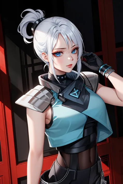 (masterpiece, best quality:1.2), intricate details, <lyco:GoodHands-beta2:1>,  <lora:Jett:1>, jett, 1girl, black gloves, shoulder pads, black pants, cropped sleeveless jacket, blue eyes, white hair