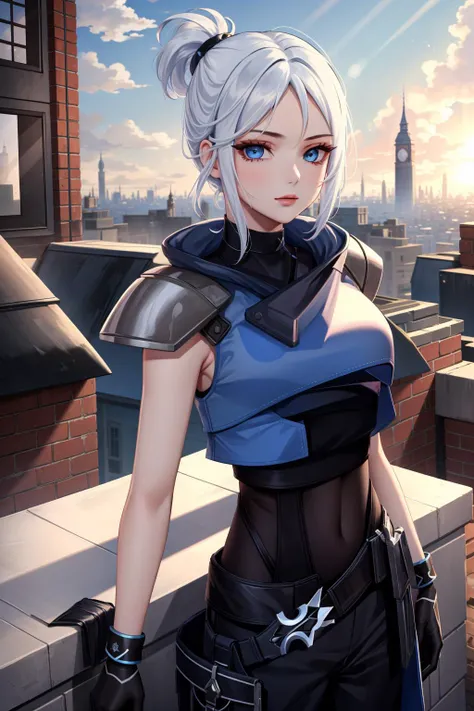 (masterpiece, best quality:1.2), intricate details, <lyco:GoodHands-beta2:1>,  <lora:Jett:1>, jett, 1girl, black gloves, shoulder pads, black pants, cropped sleeveless jacket, blue eyes, white hair, rooftop, tower, cloud, sunbeam