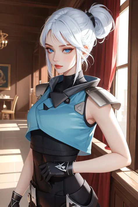 (masterpiece, best quality:1.2), intricate details, <lyco:GoodHands-beta2:1>,  <lora:Jett:1>, jett, 1girl, black gloves, shoulder pads, black pants, cropped sleeveless jacket, blue eyes, white hair