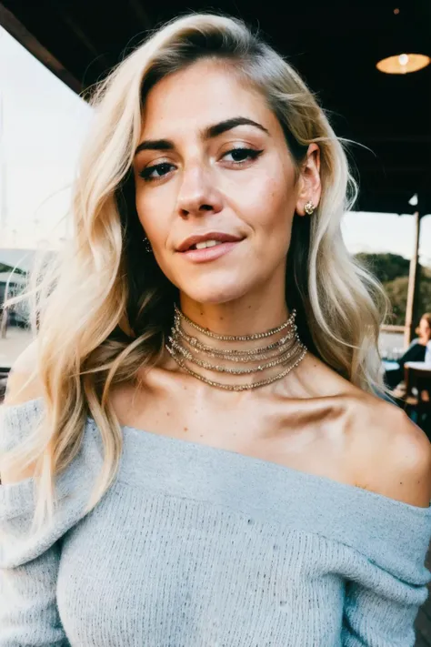 mrnd piercing eyes, looking straight, very happy,long blonde hair, wearing an off-shoulder sweater, choker, closeup portrait, in a outdoor cafe in 2015, afternoon light,<lyco:MarinaD-RealVision-V1.0:1.0>