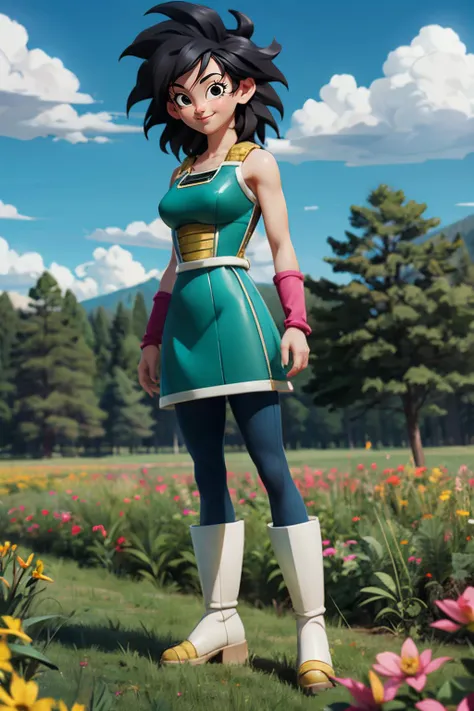 gine,short black hair, black eyes, bare shoulders,pink wristbands,breastplate, green saiyan armor,green skirt,pantyhose, boots, looking at viewer, smiling, full body shot, standing, outside, field, trees, flowers, blue sky, high quality, masterpiece <lora:...