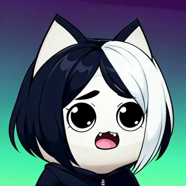 cartoon cat girl with black and white hair and black ears