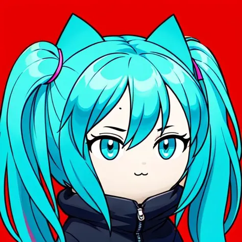 a close up of a cartoon character with blue hair and a cat ear