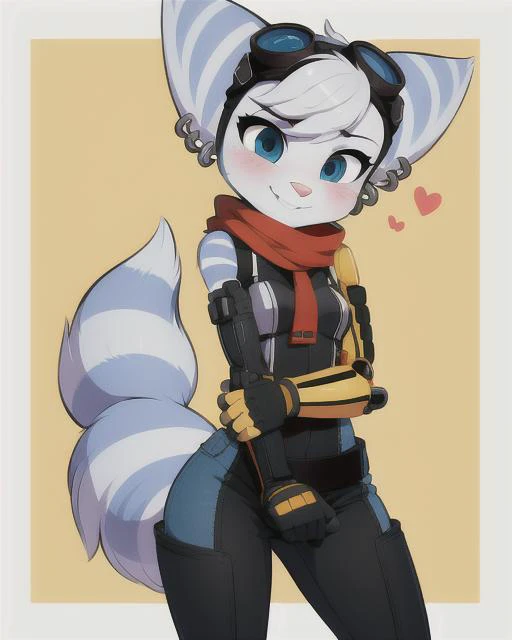 <lora:rivet-v0C:1> rivet, lombax, anthro, female, goggles, goggles on head, fur, cybernetic arm, breasts, smile, earrings, blushing, tomboy, small breasts, nsfw