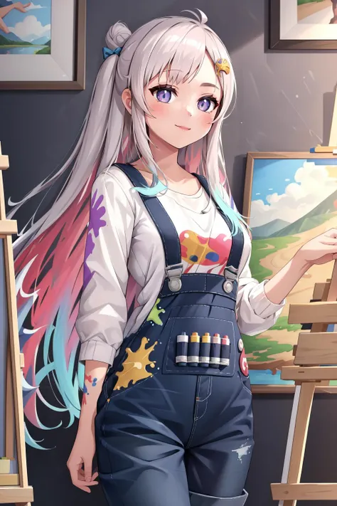 a woman in overalls holding a paintbrush and painting a picture