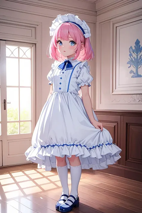 (masterpiece, best quality), 1girl, blue and white frill dress, (white stockings), pink hair, cute face, standing, indoor, intricate detail, sunlight,