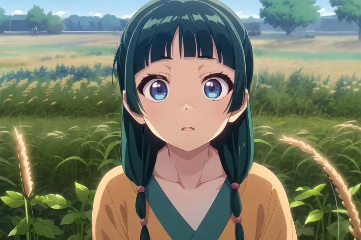 anime girl with long green hair and blue eyes standing in a field