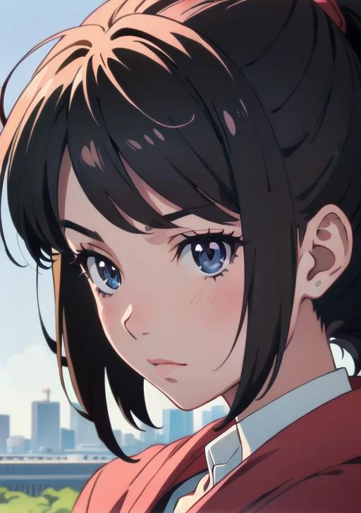 anime fine details portrait of school girl in front of modern tokyo city landscape on the background deep bokeh, close-up view, anime masterpiece by Studio Ghibli, 8k, sharp high quality anime, artstation