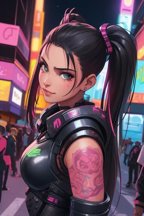 Close-up of a badass cyberpunk latina girl, pigtails, tattoos, beat up cyber armor, small breasts, confident smirk, sassy pose on a crowded cyberpunk street at night, neon lights