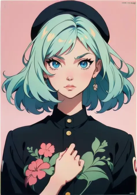 girl wearing a beret, very anime!!! anime!! intricate details, aesthetically pleasing pastel colors, poster background, art by conrad roset and ilya kuvshinov