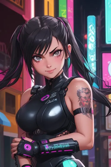 Close-up of a badass cyberpunk latina girl, pigtails, tattoos, beat up cyber armor, medium breasts, confident smirk, sassy pose on a crowded cyberpunk street at night, neon lights