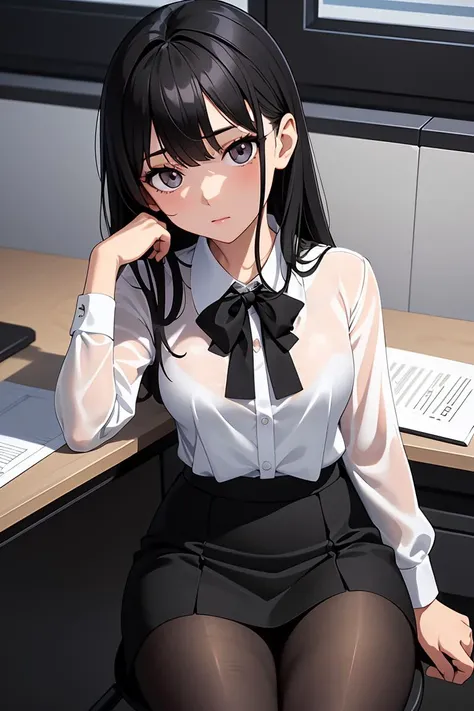 (masterpiece, best quality), a young black haired girl office secretary dressed in a transparent white blouse and black office skirt and black pantyhose ,sitting in an office chair, holding pencil, (detailed skin:1.3),(detailed eyes), (sharp focus),