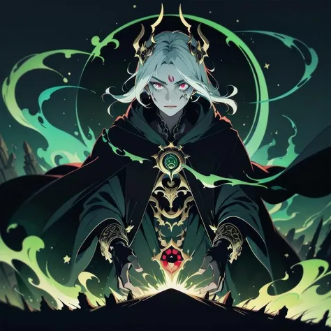 (masterpiece, best quality),
human male necromant,lich, scarred face, black magic robes with intricate design,sick,
arcane green spellcast, big medalion with red stone,
pale face,
destroyed village,