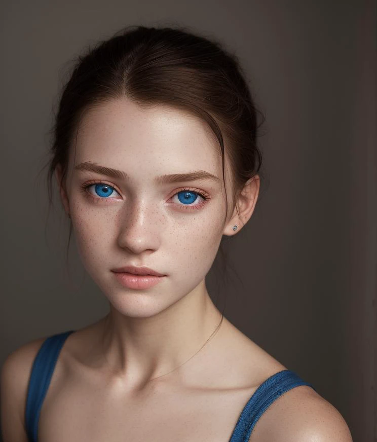 a woman with blue eyes and a blue top posing for a picture