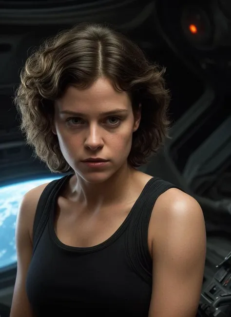 a woman in a black tank top standing in front of a spaceship