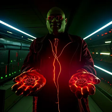 Morpheus holding a red pill in each hand, masterpiece, best quality, very dark, indoors, server room, <lora:theMatrixLora_offset:1>