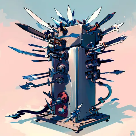 a cartoon picture of a tower with a bunch of swords on it