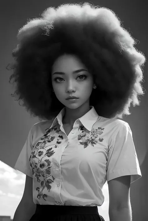 masterpiece,best quality,upper body,1girl,collared_shirt and flared_skirt as material3,high contrast,print (medium),tachi-e,huge afro,small breasts,bruised eye,expressionless eyes,dutch angle
Negative prompt: EasyNegative, (bad and mutated hands:1.3),(nsfw...