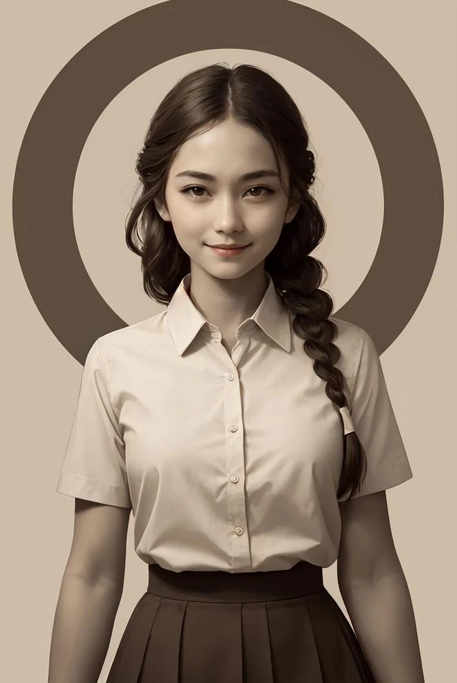 masterpiece,best quality,upper body,1girl,collared_shirt and flared_skirt as material3,sepia,style parody,collage,braid,small breasts,solid circle eyes,sad smile,first-person view
Negative prompt: EasyNegative, (bad and mutated hands:1.3),(nsfw:1.5),(bad a...