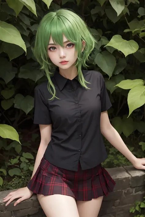 masterpiece,best quality,upper body,1girl,collared_shirt and flared_skirt as material3,anime coloring,leaf (medium),chart,green hair,small breasts,glowing eyes,eyebrows visible through hair,between thighs
Negative prompt: EasyNegative, (bad and mutated han...