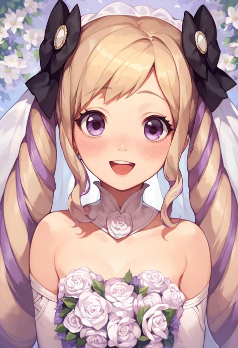 anime bride with long blonde hair and a bouquet of flowers