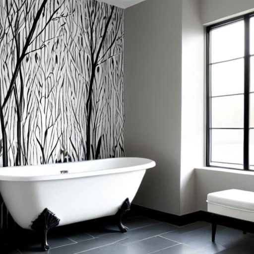 a close up of a bathtub in a bathroom with a wallpapered wall