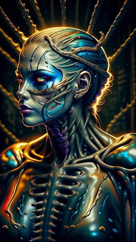 a digital painting of a woman with a skeleton body and glowing eyes