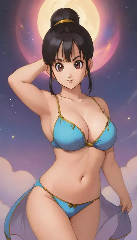 a woman in a bikini top and panties is standing in the sky