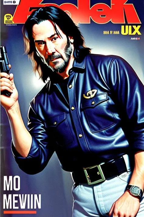 a close up of a magazine cover with a man holding a gun