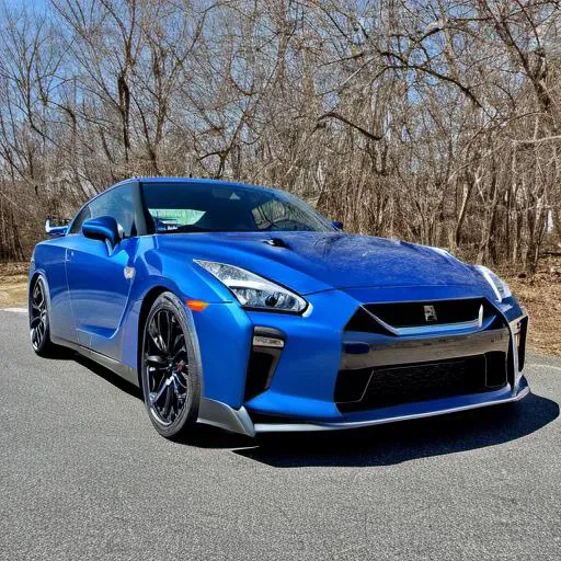 a blue sports car driving down a road in the woods