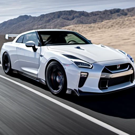 a white sports car driving down a road near mountains