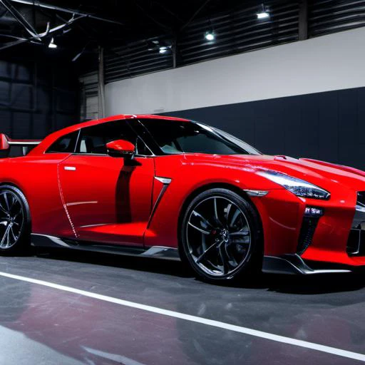 a close up of a red sports car parked in a garage