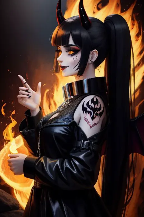 a woman in a black leather outfit with horns and a demon face