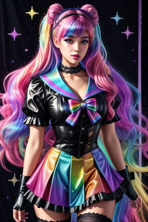 a woman with long hair wearing a rainbow colored outfit