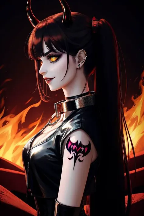 (SailorMoonGoth:1), (HellscapeV1:1.2), (succubus, succubus horns, succubus wings, glowing succubus tattoo, metal collar:1.4), (death metal goth, dark, death metal concert, death metal hair, death metal clothes, fishnets, tattoo, piercings, chain accessorie...