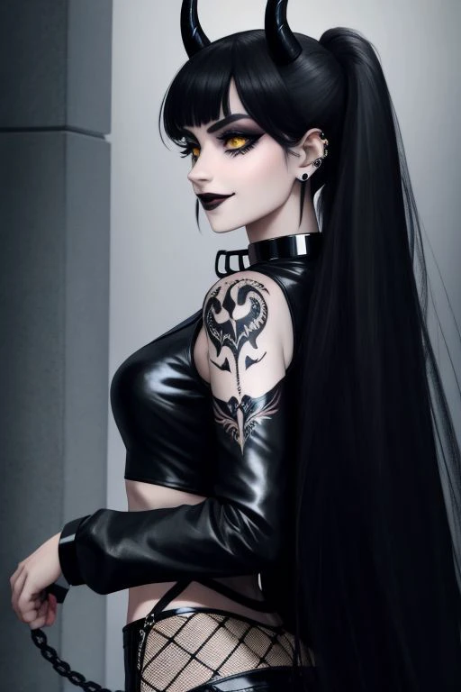 (SailorMoonGoth:1), (HellscapeV1:1.2), (succubus, succubus horns, succubus wings, glowing succubus tattoo, metal collar:1.4), (death metal goth, dark, death metal concert, death metal hair, death metal clothes, fishnets, tattoo, piercings, chain accessorie...