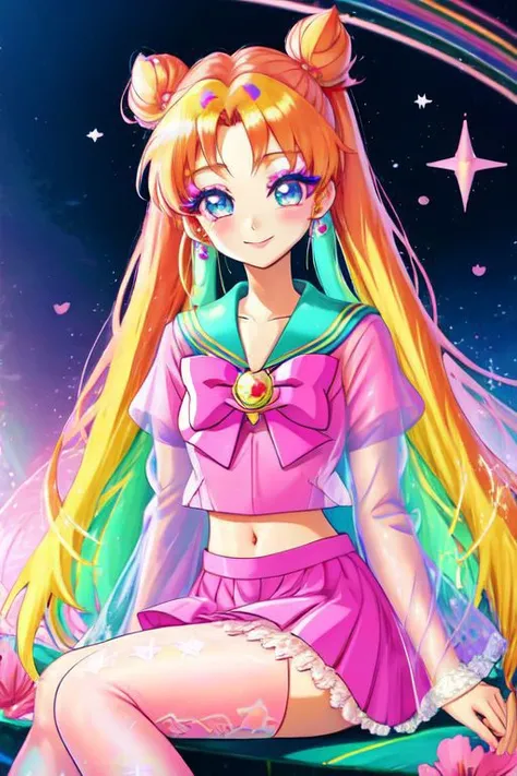 (Earth-QualityPos, Best_QualityPos,  CelShade), (SailorMoonGoth), (cute gyaru, lolitafashion:1.4), (rainbow theme:1.3), (sitting, smiling) illustration of (gyaru Sailor Moon) wearing (gyaru latex rainbow short tied shirt, micro miniskirt, transparent wide ...