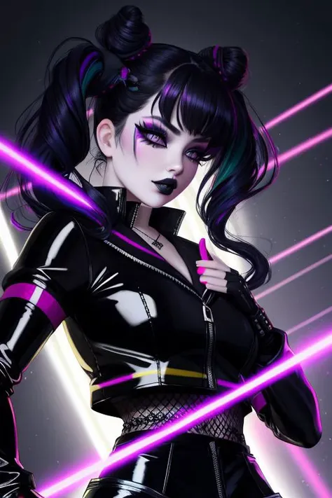 a woman in a black latex outfit with neon lights