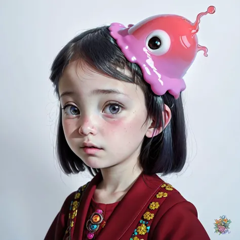 A photo of a confused little girl  with a gooey (brain slug attached to her head) <lora:sd15-brainslug-lora:1>, Very detailed, clean, high quality, sharp image, based on H.P Lovecraft stories, Naoto Hattori