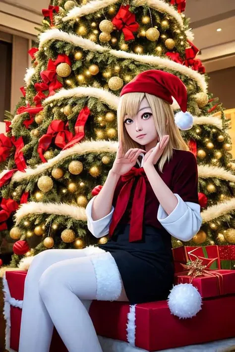 a close up of a person sitting on a bench near a christmas tree