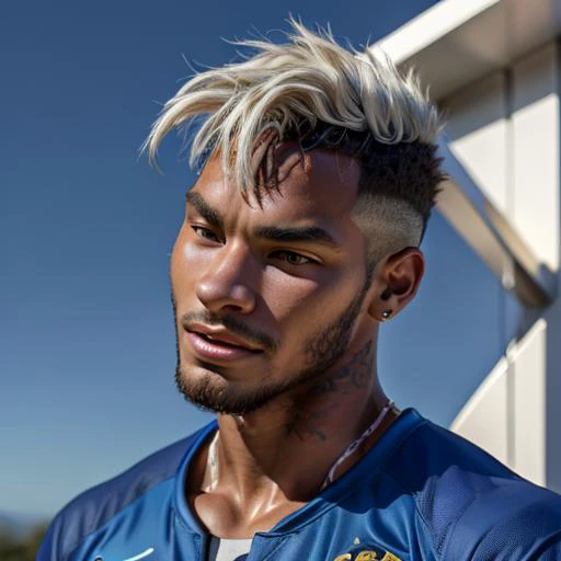 a close up of a man with a mohawk and a blue shirt