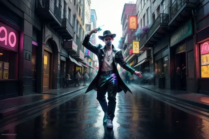 arafed image of a man in a hat and jacket dancing in a city street