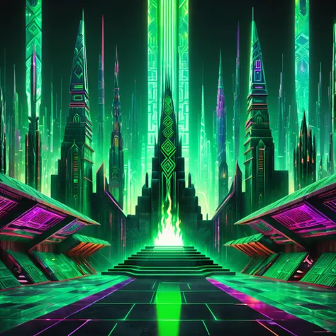 a futuristic city with neon lights and a stairway leading to a tower