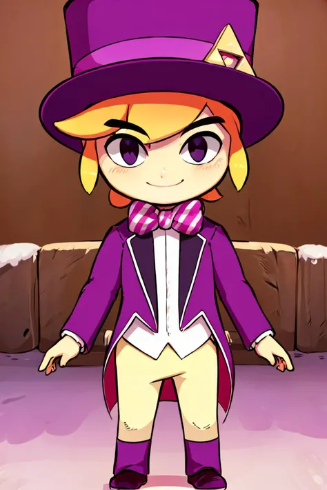 <lora:Diives_Style:0.8>,((masterpiece,best quality)),  <lora:Toon_Link_Zelda:0.9>, Toon_Link_Zelda, black eyes, solo, 1boy, purple top hat, bowtie, purple formal clothes, solo, smiling, standing, looking at viewer,