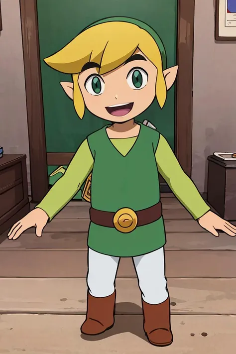 a cartoon image of a young boy dressed in a green shirt and brown boots