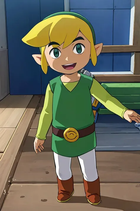 a cartoon image of a young boy dressed in a green shirt and brown boots