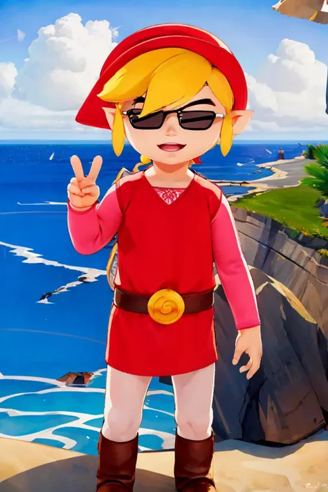 <lora:ricegnat_style:0.8>,((masterpiece,best quality)),  <lora:Toon_Link_Zelda:0.9>, Toon_Link_Zelda, black sunglasses, meme, solo, 1boy, red tunic, red hat, belt,  solo, smiling, standing, looking at viewer,  <lora:loraPeaceSign_v03:1>, peace sign, ocean ...