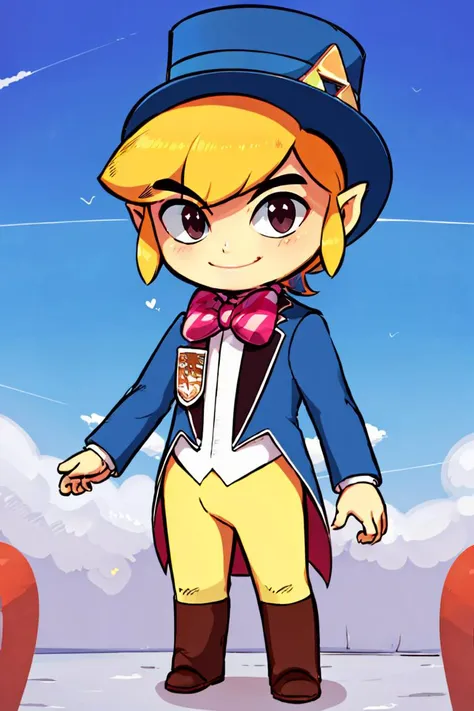 <lora:Diives_Style:0.8>,((masterpiece,best quality)),  <lora:Toon_Link_Zelda:0.9>, Toon_Link_Zelda, black eyes, solo, 1boy, blue top hat, bowtie, blue formal clothes, solo, smiling, standing, looking at viewer,